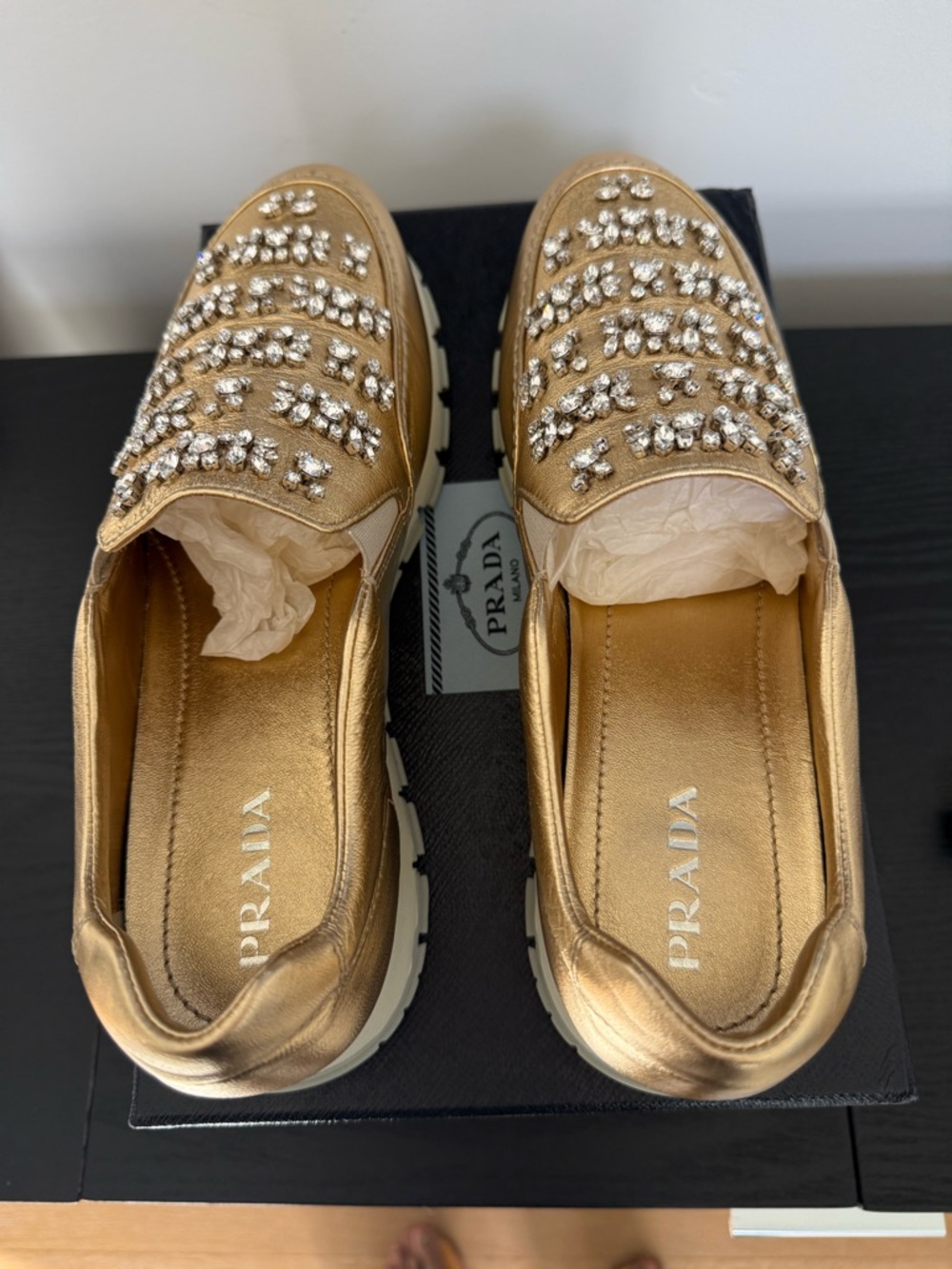 Beautiful Prada Metallic Gold Crystal-Strap Leather Loafers - US 10/EU 40 - NWOT